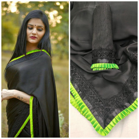 Green Colored Border Black Georgette Party Wear Saree With Blouse For Women