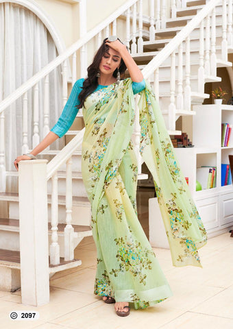 Green Colored Party Wear Latest Flower Digital Print Linen Saree For Women