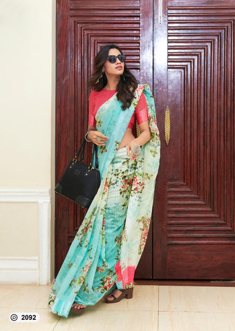 Blue & Red Colored Party Wear Latest Flower Digital Printed Linen Saree For Women