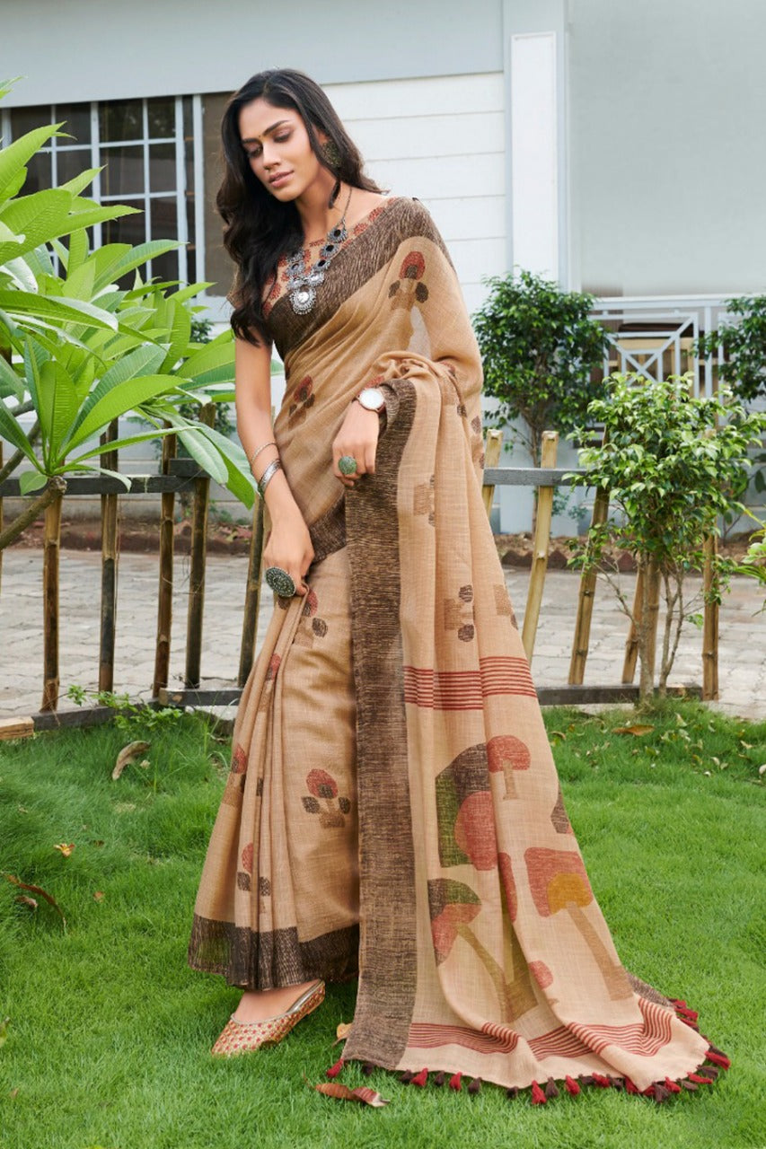 Coffee Colored Party Wear Linen Latest Printed Saree With Blouse For Women