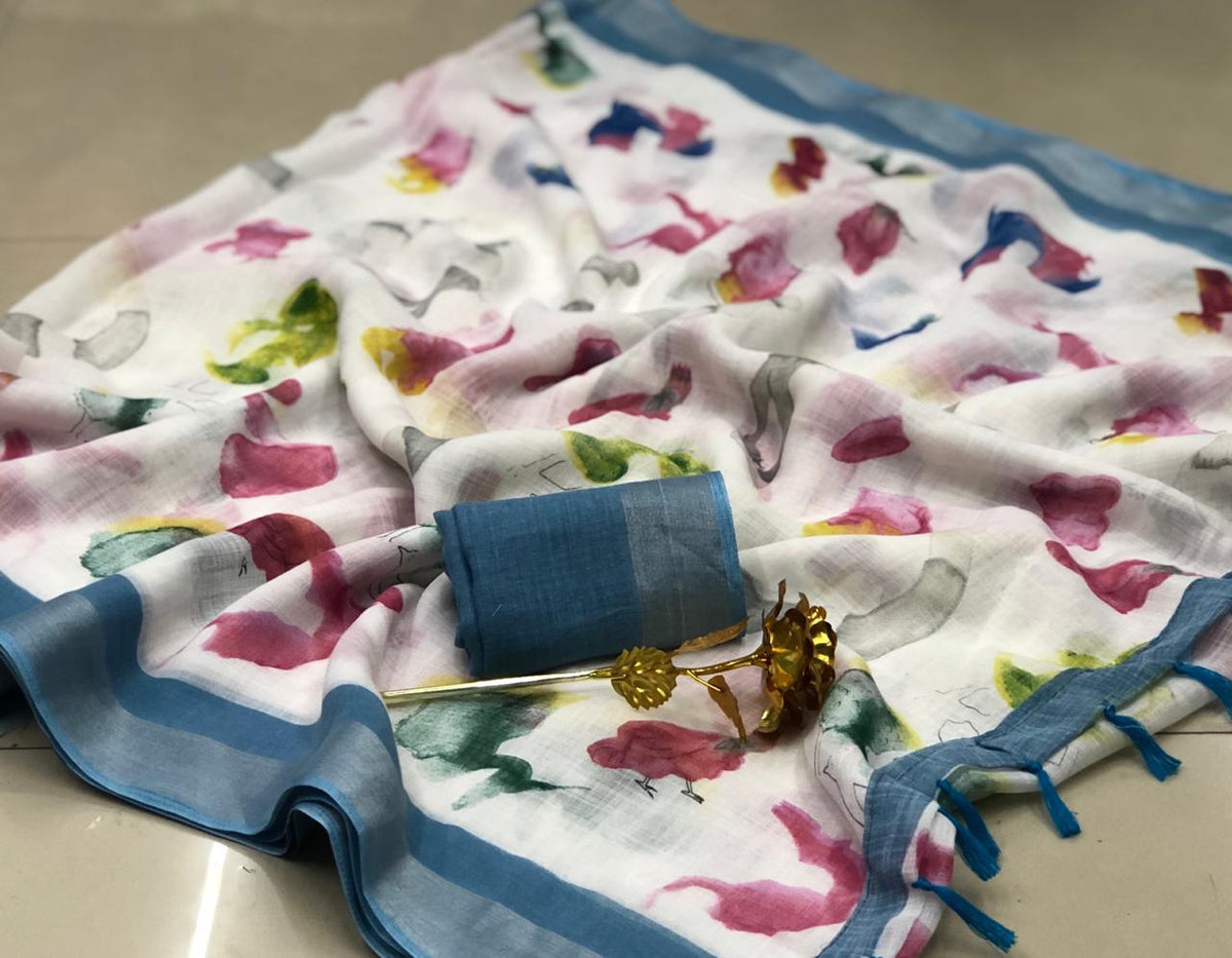 Light Blue Colored Designer Party Wear Linen Printed Saree With Blouse