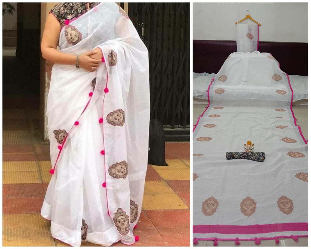 White Colored Pure Linen Jari Patta With Print Saree For Women