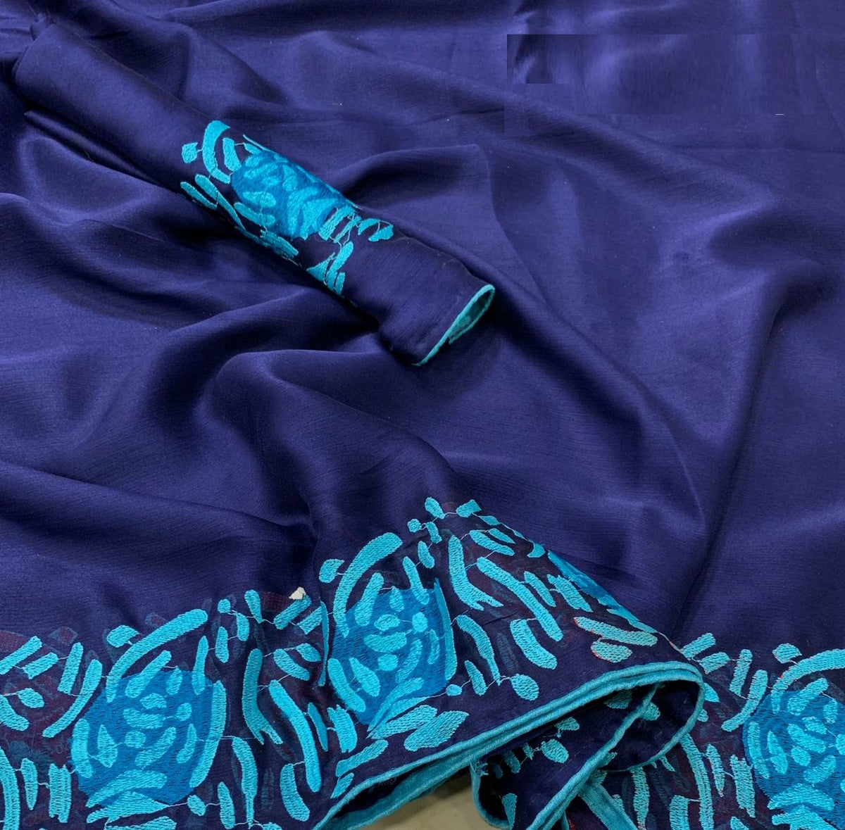 Blue Colored Designer Embroidered Party Wear Moss Chiffon Saree For Women
