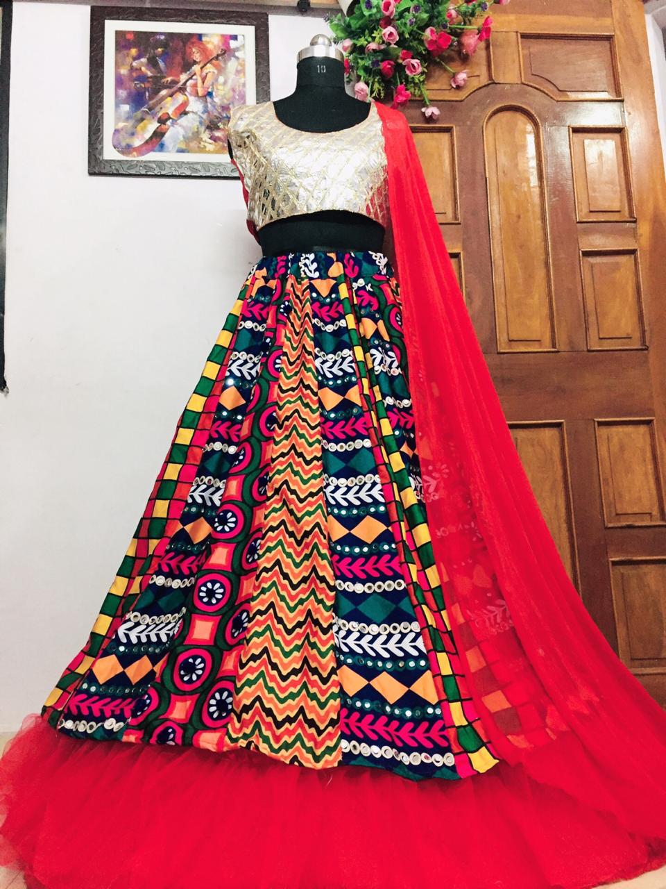 Bewildering Multi Color Designer Foil Mirror Work Rayon Cotton Function Wear Lehenga Choli