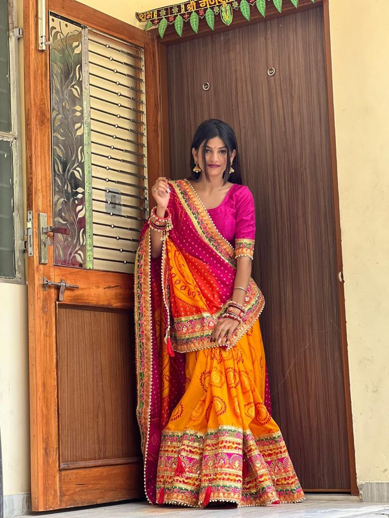 Fancy Designer Half-Half Dolla Silk Saree with Bandhej Print and Gota-Patti Border