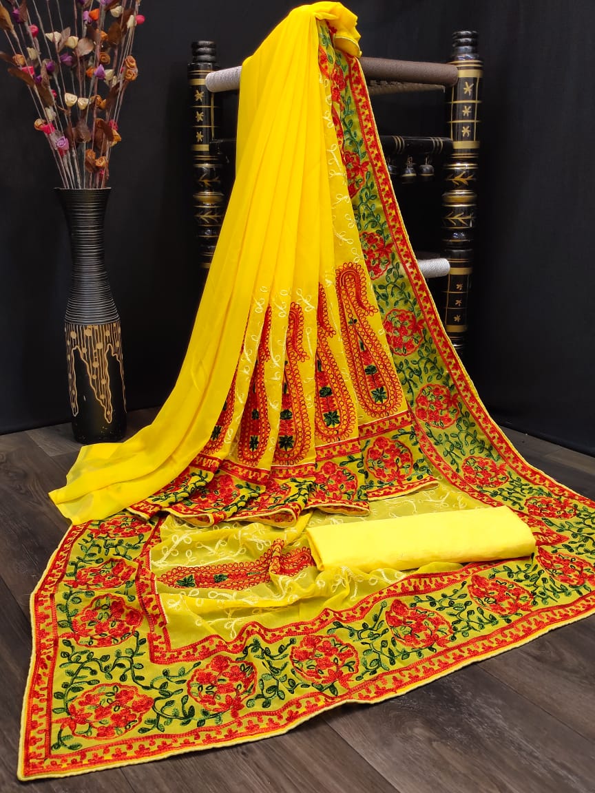 Kashmiri Embroidered Latest Designer Saree with Blouse