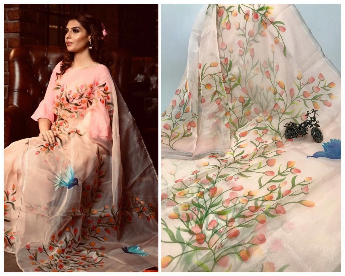 French Rose Color Party Wear Organza Digital Printed Saree Blouse