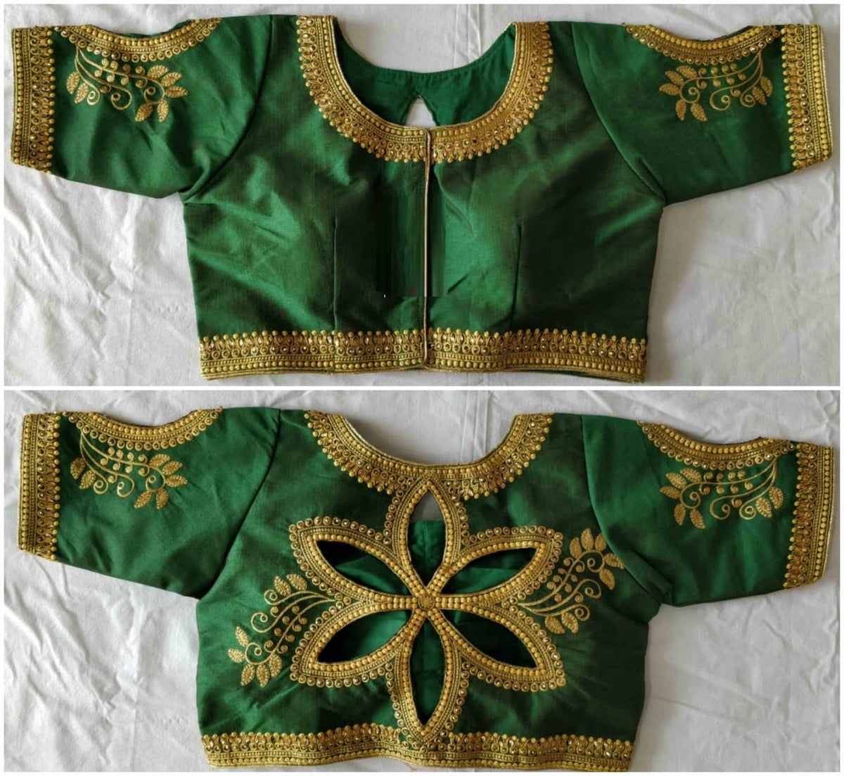 Dazzling Dark Green Color Full Stitched Fantom Silk Zari Embroidered Stone Thread Cut Work Blouse For Party Wear