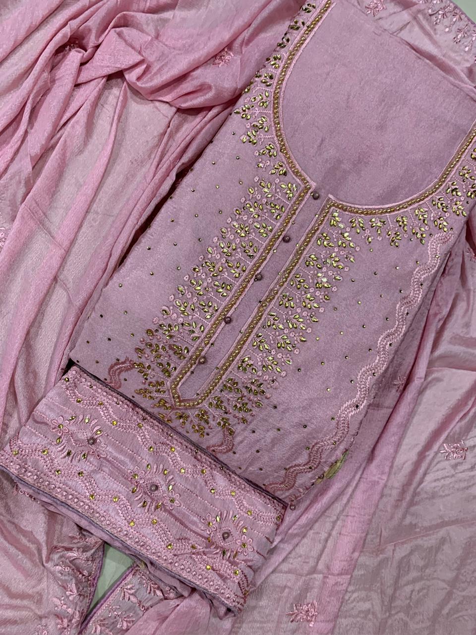 Ultra Color Designer Chinon Embroidered Machine Stone Moti Work Salwar Suit For Wedding Wear