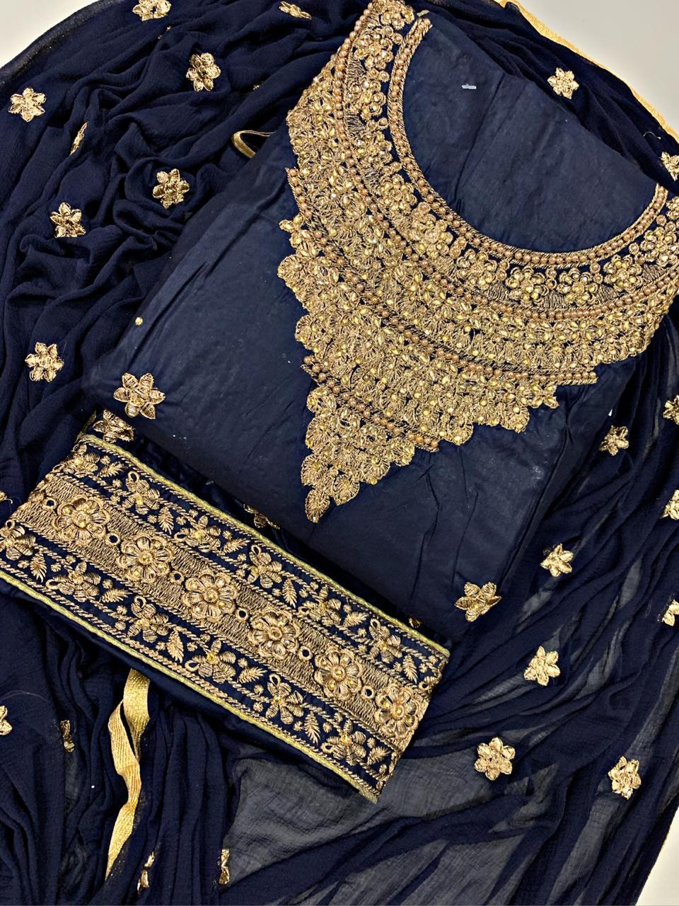 Navy Blue Color Cotton Diamond Embroidered Work Salwar Suit For Party Wear