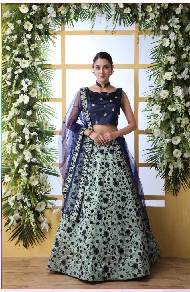 Mint Green Color Art Silk Thread Embroidered Sequence Work Lehenga Choli For Wedding Wear