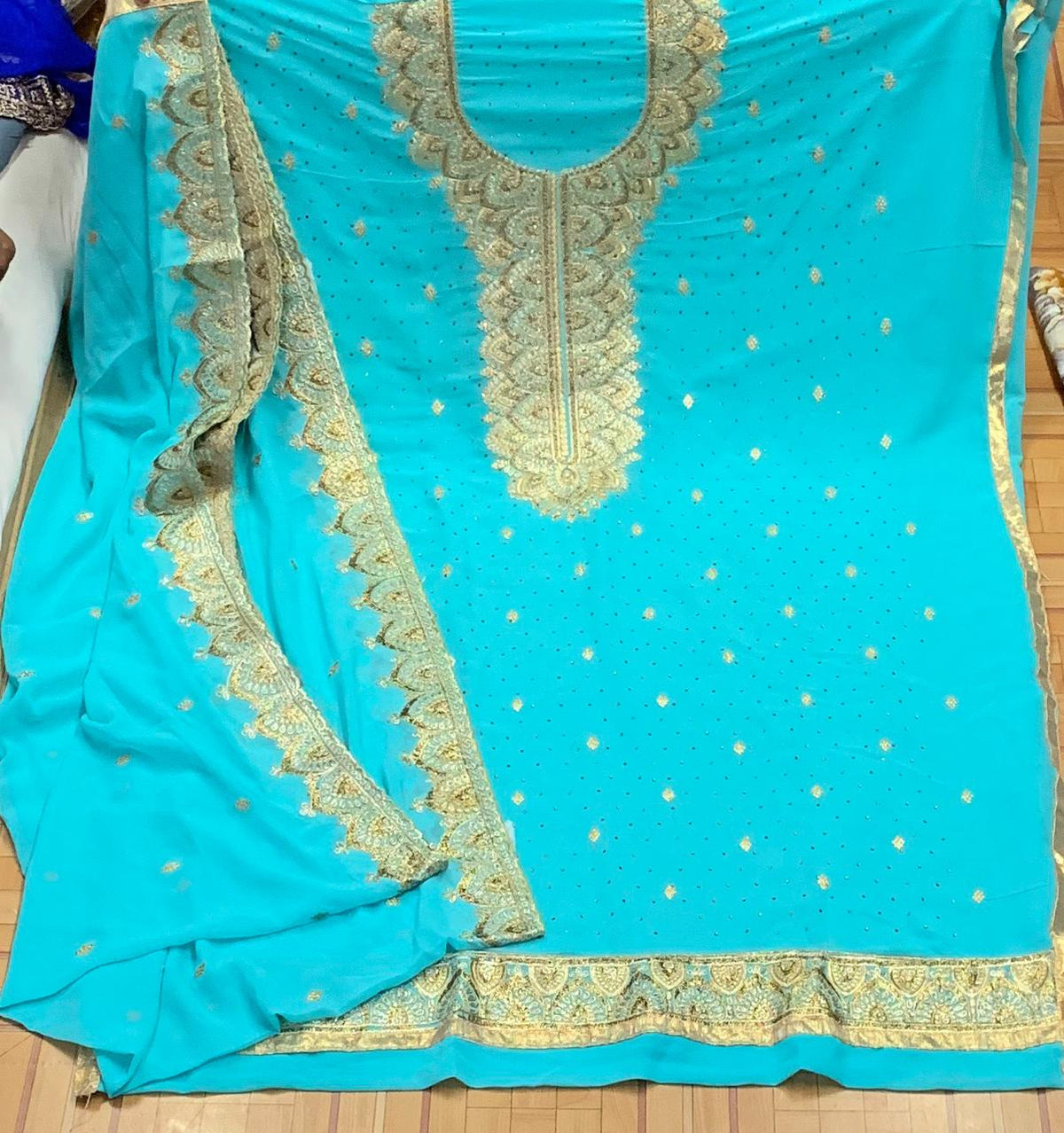 Firozi Color Faux Georgette Machine Diamond Embroidered Designer Work Salwar Suit