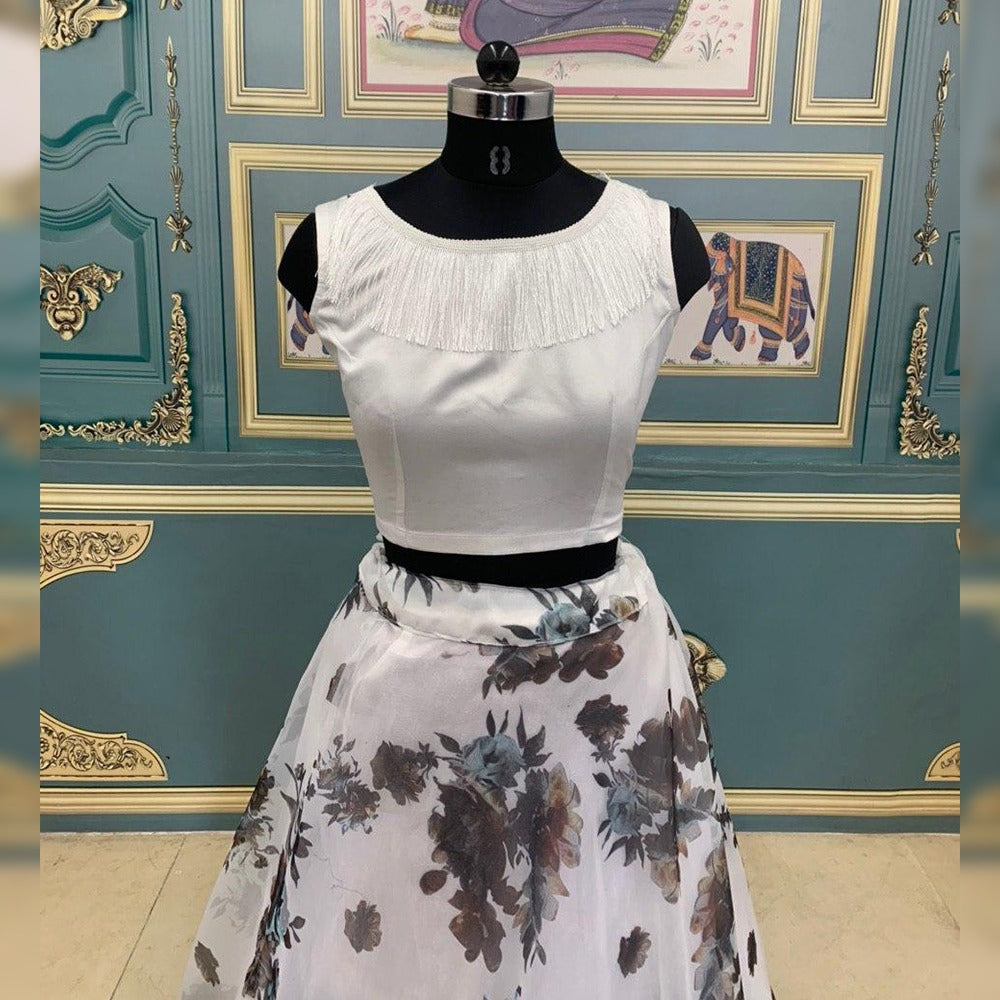 White Color Crop Top Semi Stitched Lehenga