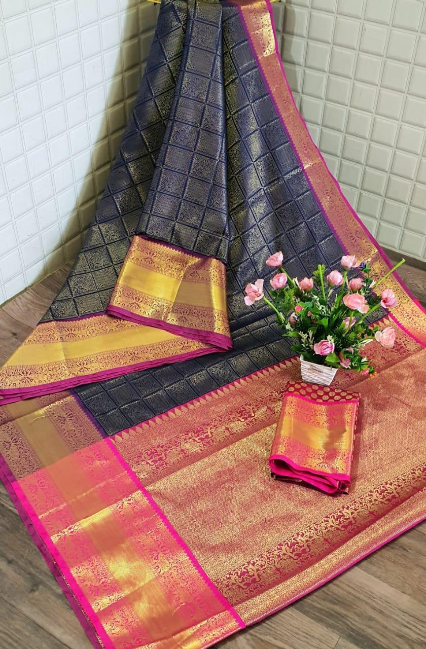 Orchid Color Designer Kanchipuram Silk Zari Weaving Contrast Pallu Saree Blouse For Party Wear