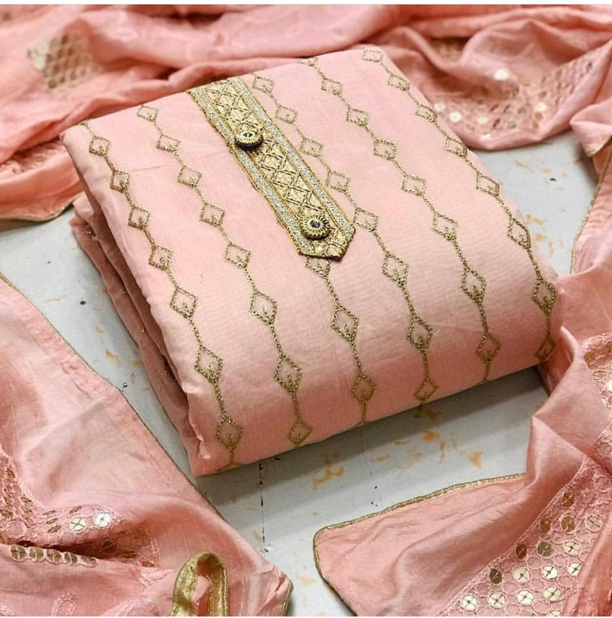 Fabulous Baby Pink Color Fancy Semi Modal Chanderi Embroidered Work Salwar Suit For Function Wear