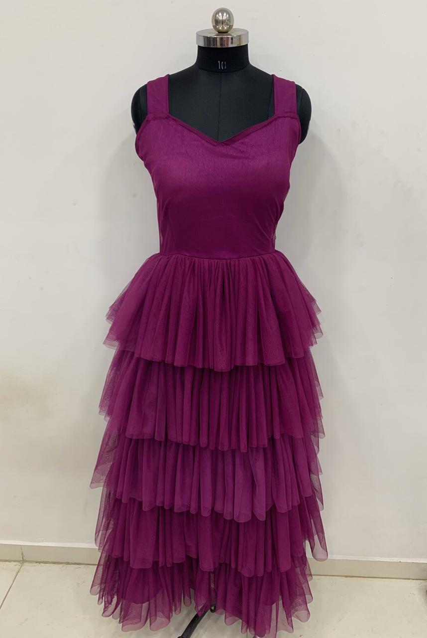 Designer Wine color Net Ruffle Party Wear Gown For Women