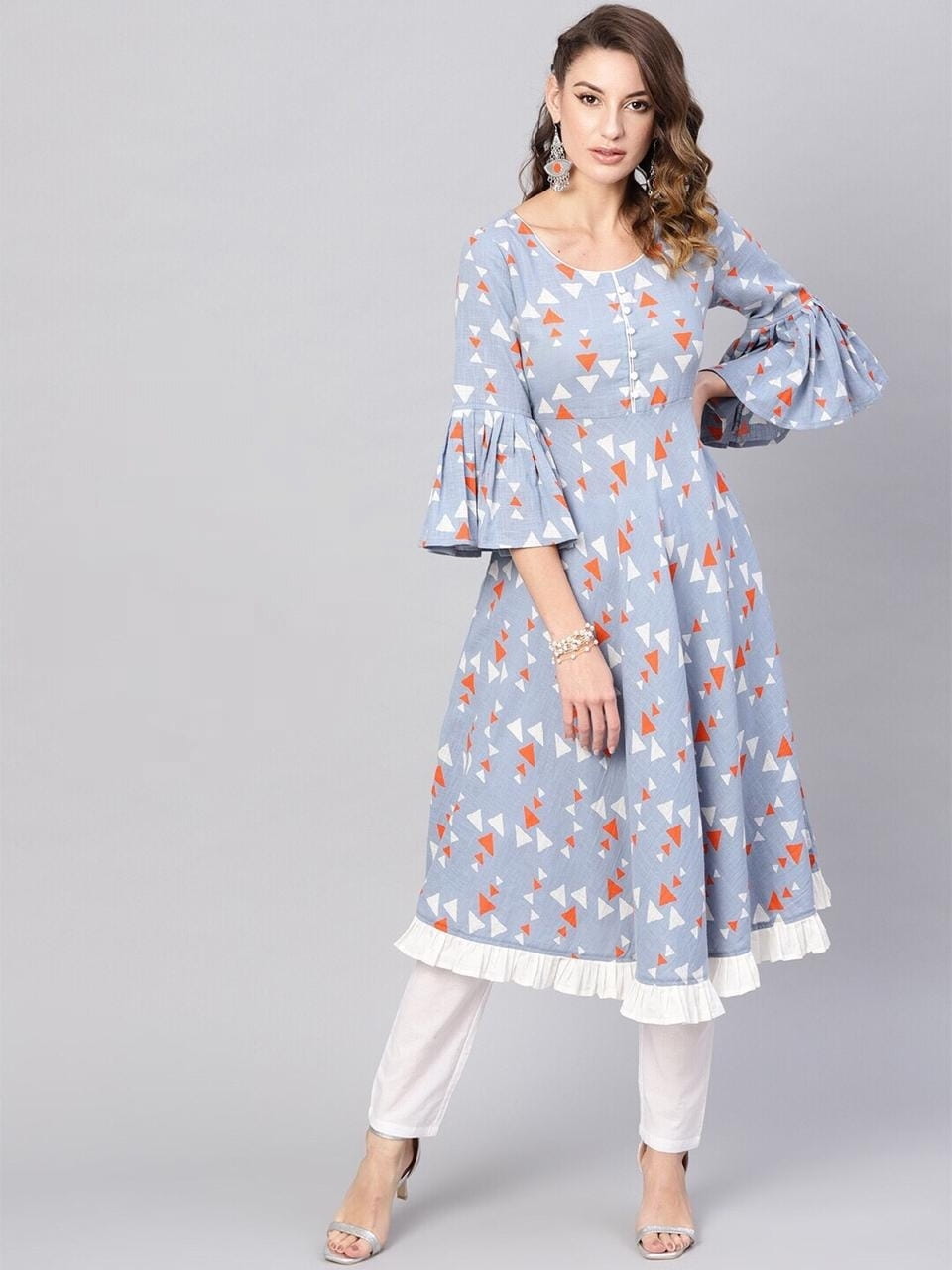 Blue Printed Frilled Bias Cut Ready Made Kurti Design Online AVADH1060101J