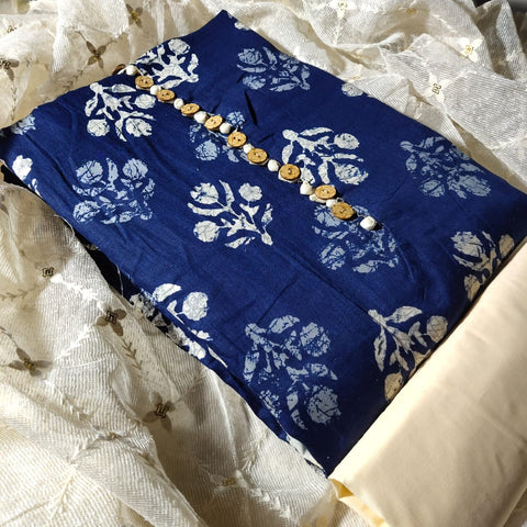 Refreshing Navy Blue Color Festive Wear Ceramic Cotton Designer Printed Neck Tie Button Pattern Salwar Suit