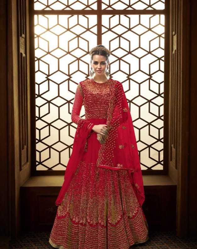 Opulent Carmine Color Festive Wear Soft Heavy Net Multi Zari Stone Embroidered Work Designer Salwar Suit