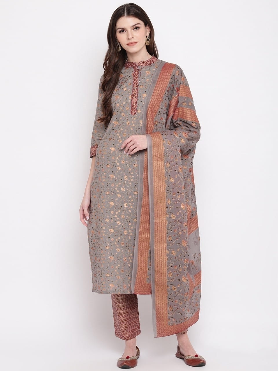 Excellent Grey Color Full Stitched Designer Cotton Printed Handwork Top Pent Salwar Suit For Function Wear