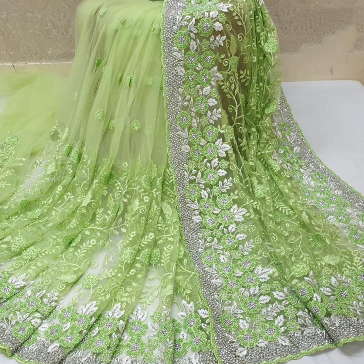 Flamboyant Light Green Color Designer Motti Ceramic Jarkhand Embroidered Work Saree Blouse For Women