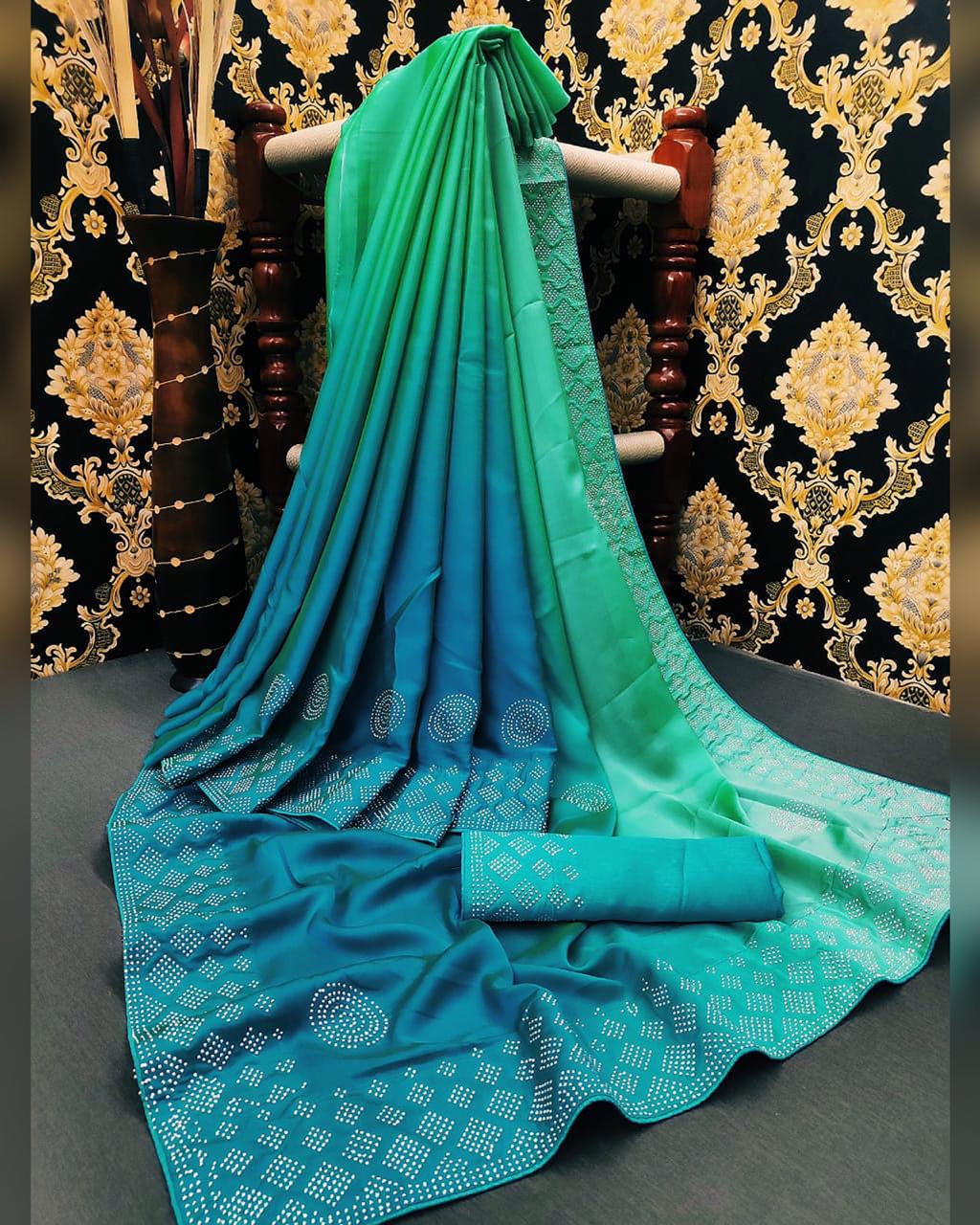 Gorgeous Sea Green Color Fancy Satin Silk HB Diamond Stone Machine Work Saree Blouse For Festive Wear