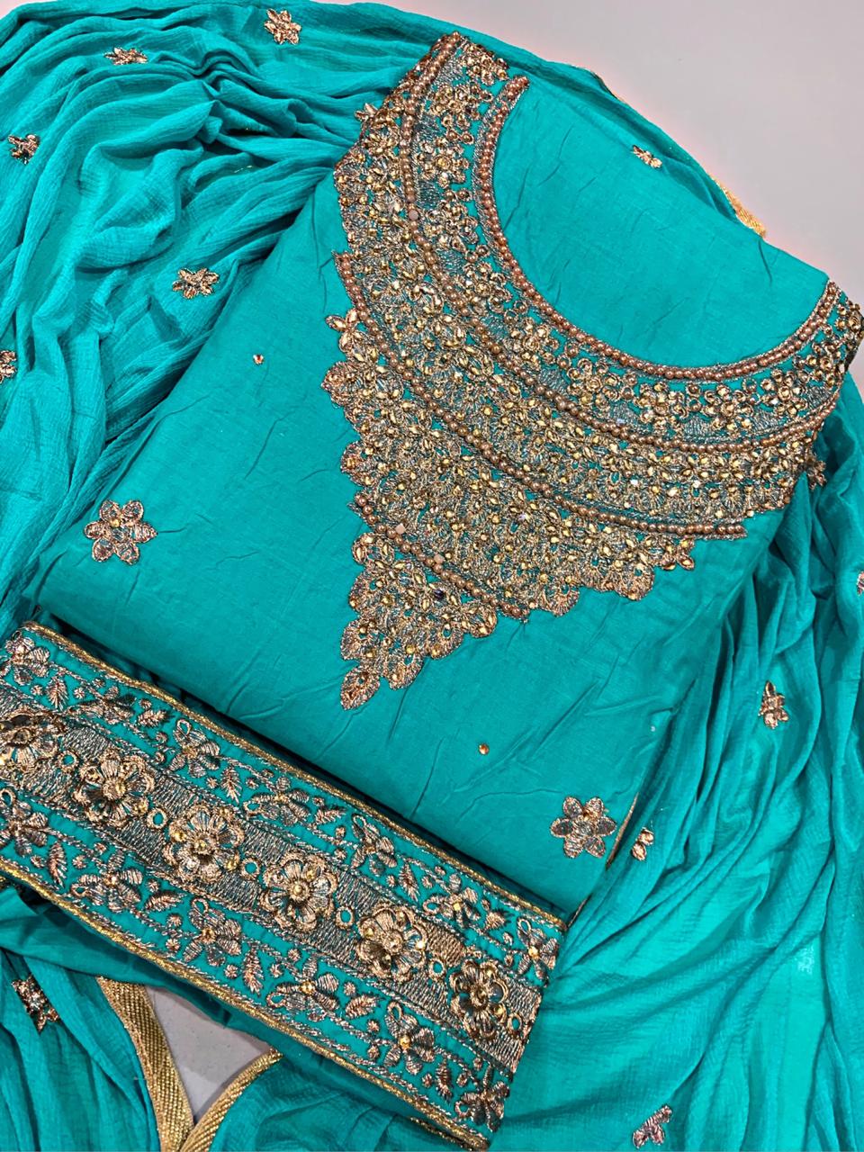 Olympic Color Festive Wear Cotton Embroidered Diamond Work Salwar Suit For Women