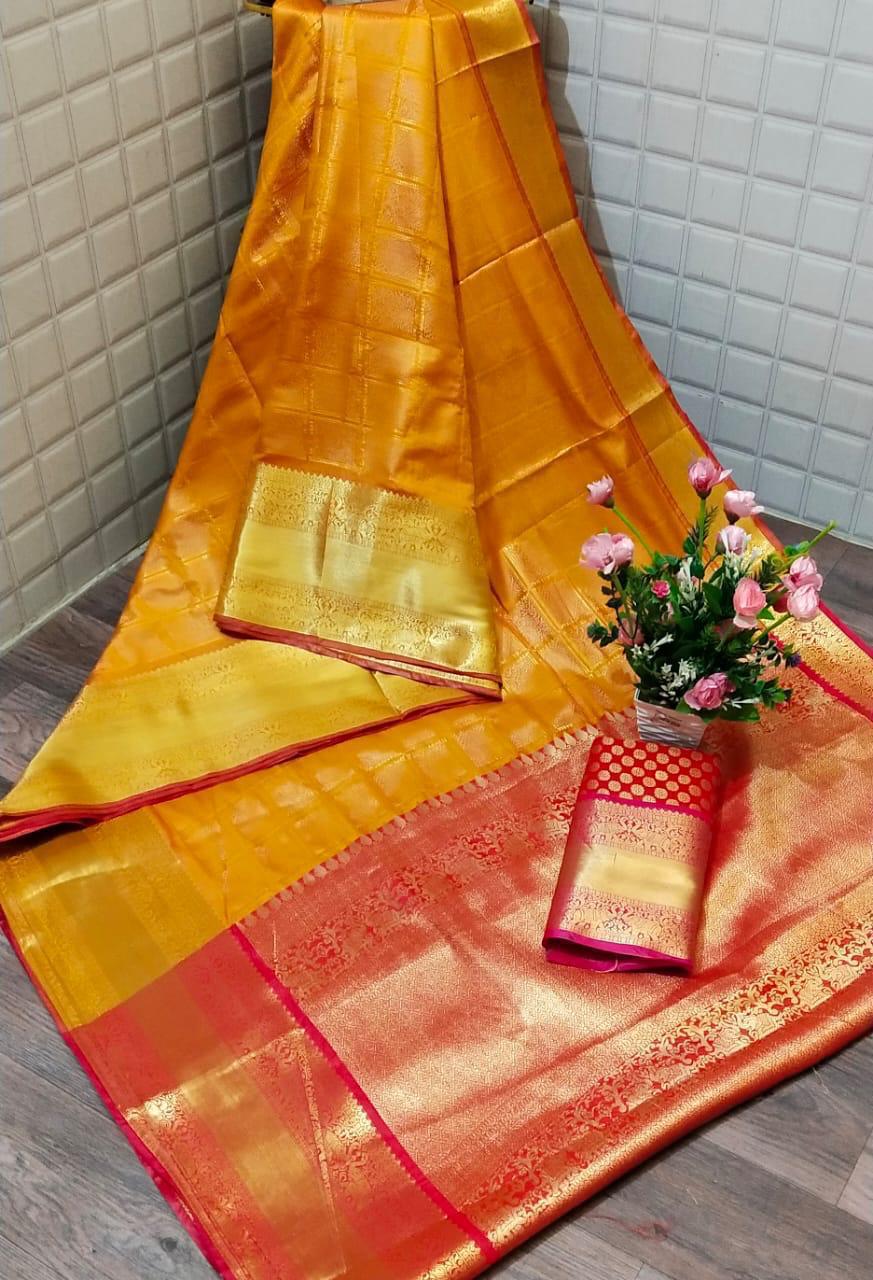 Goldenrod Color Soft Silk Kanchipuram Handloom Zari Weaving Contrast Pallu Saree Blouse