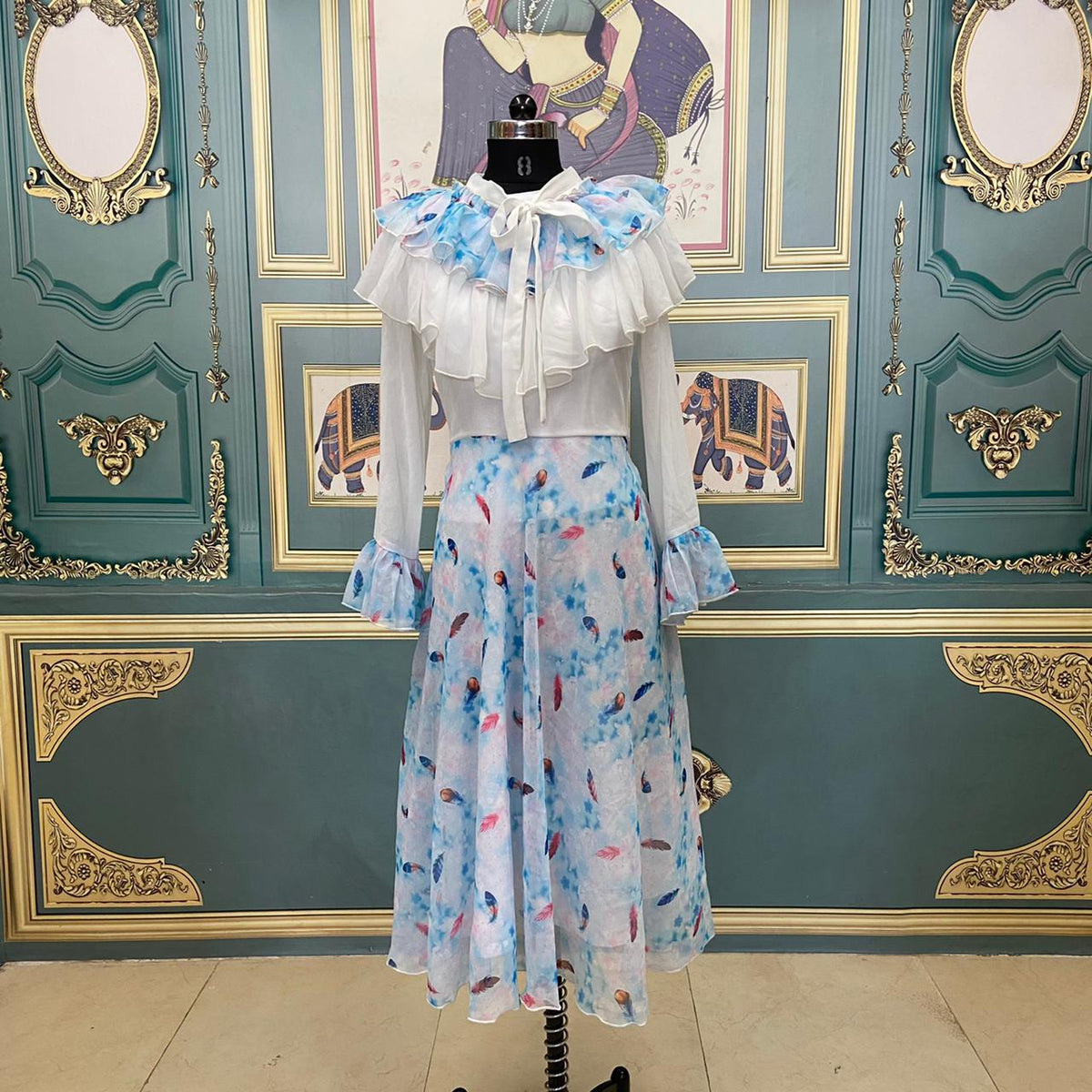 Sky Blue Color Flowery Print One Piece