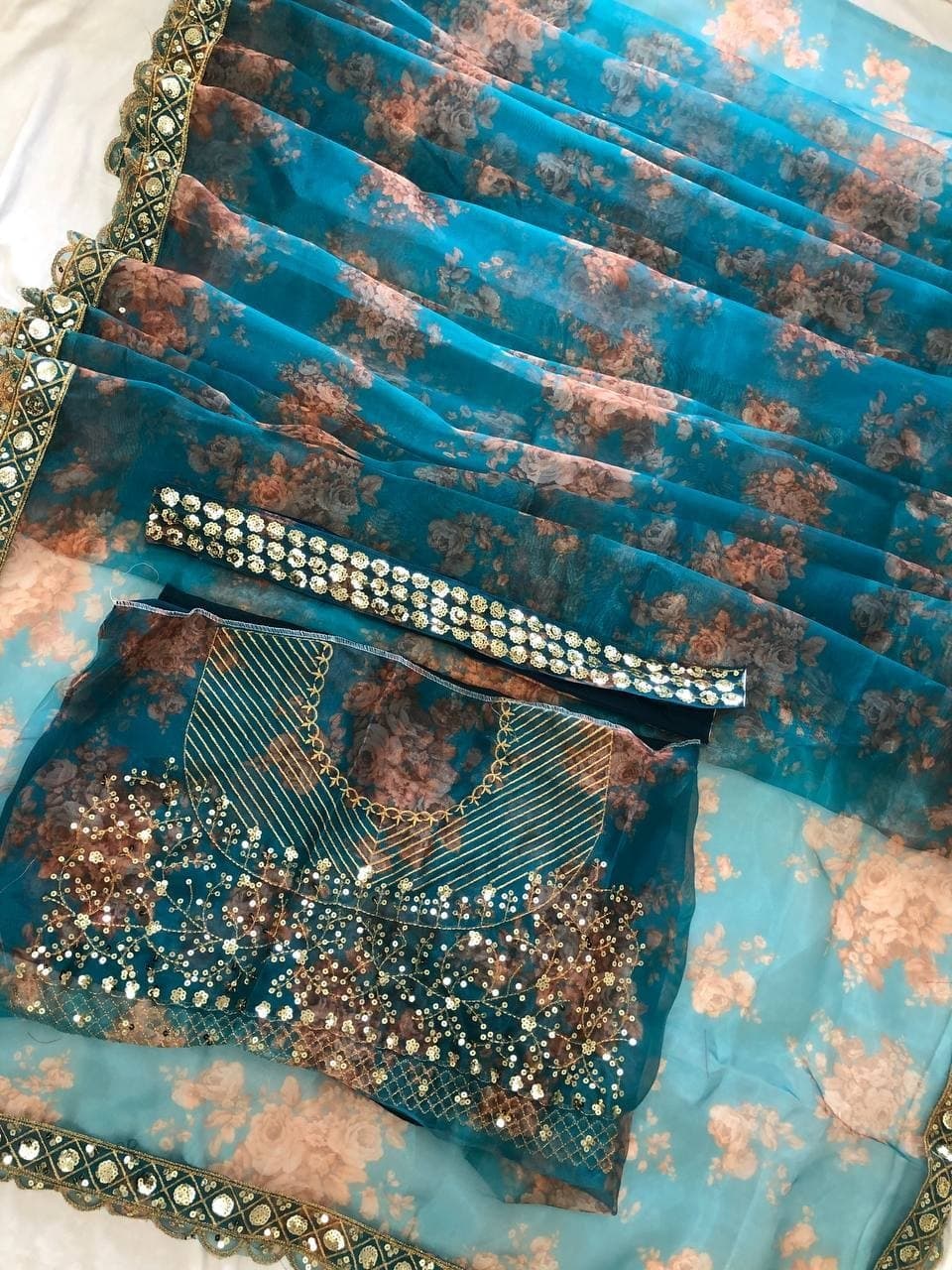 Sea Green Color Designer Party Wear Organza Saree Blouse For women