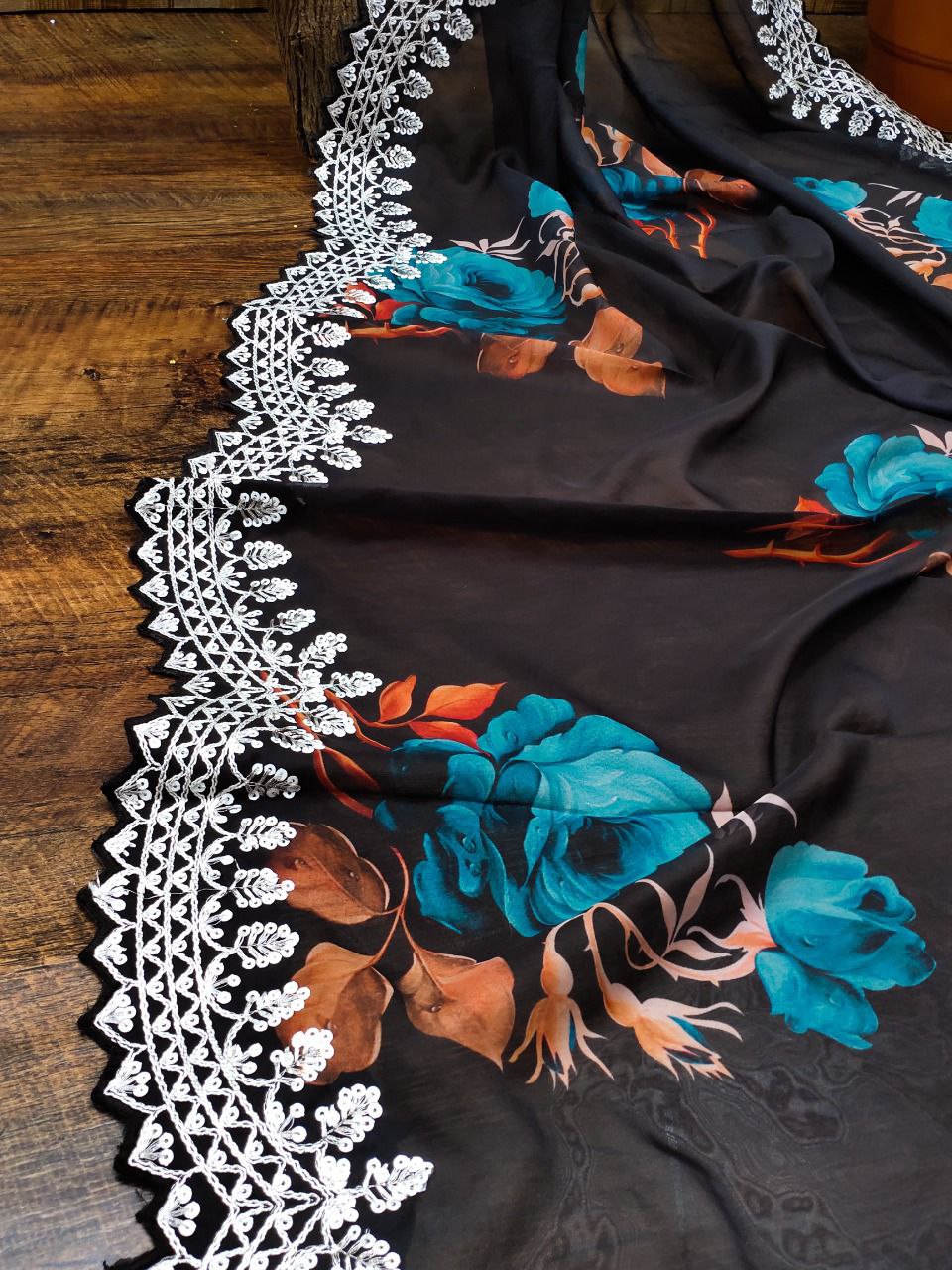 Black Color Digital Print with border Saree