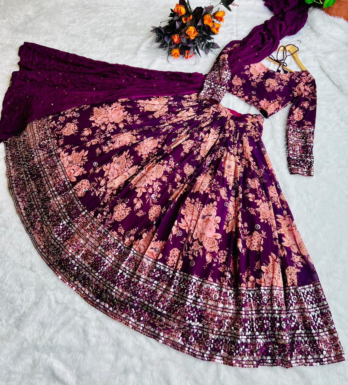 Georgette Dulhan Purple color embroidered Lehenga