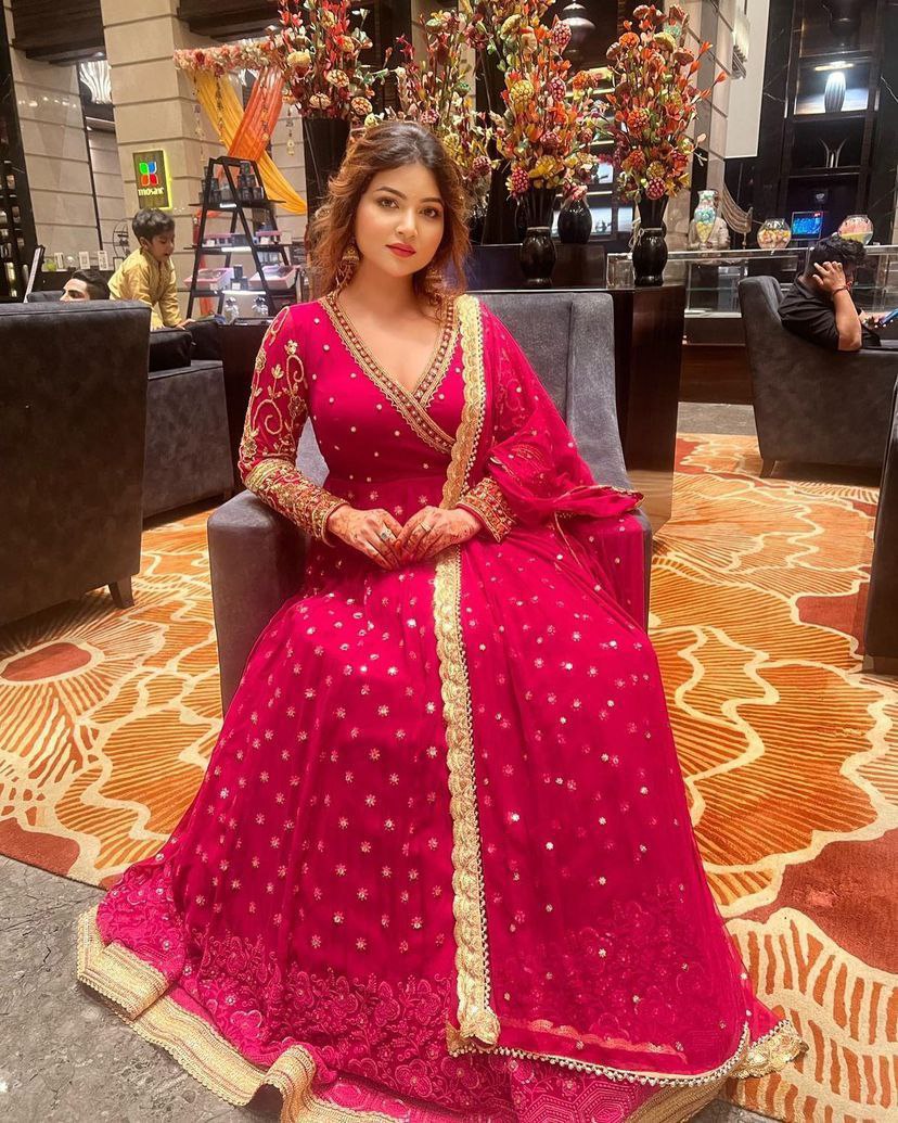 Stunning Pink Fox Georgette Embroidered Gown with Dupatta | Full Stitched