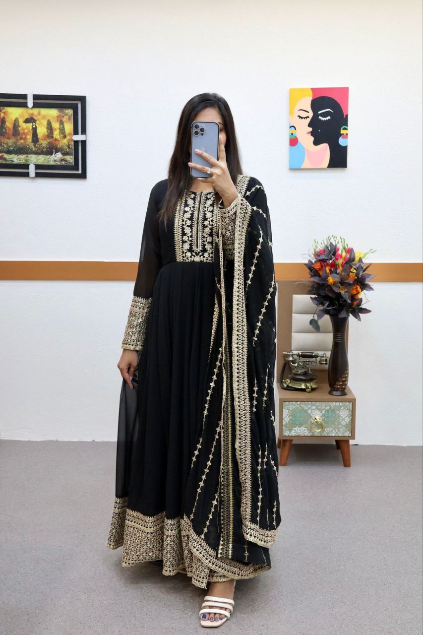 Sequin Coding Embroidered Gown with Fox Georgette Fabric, Flared Bottom, and Matching Dupatta - Perfect for Formal Occasions