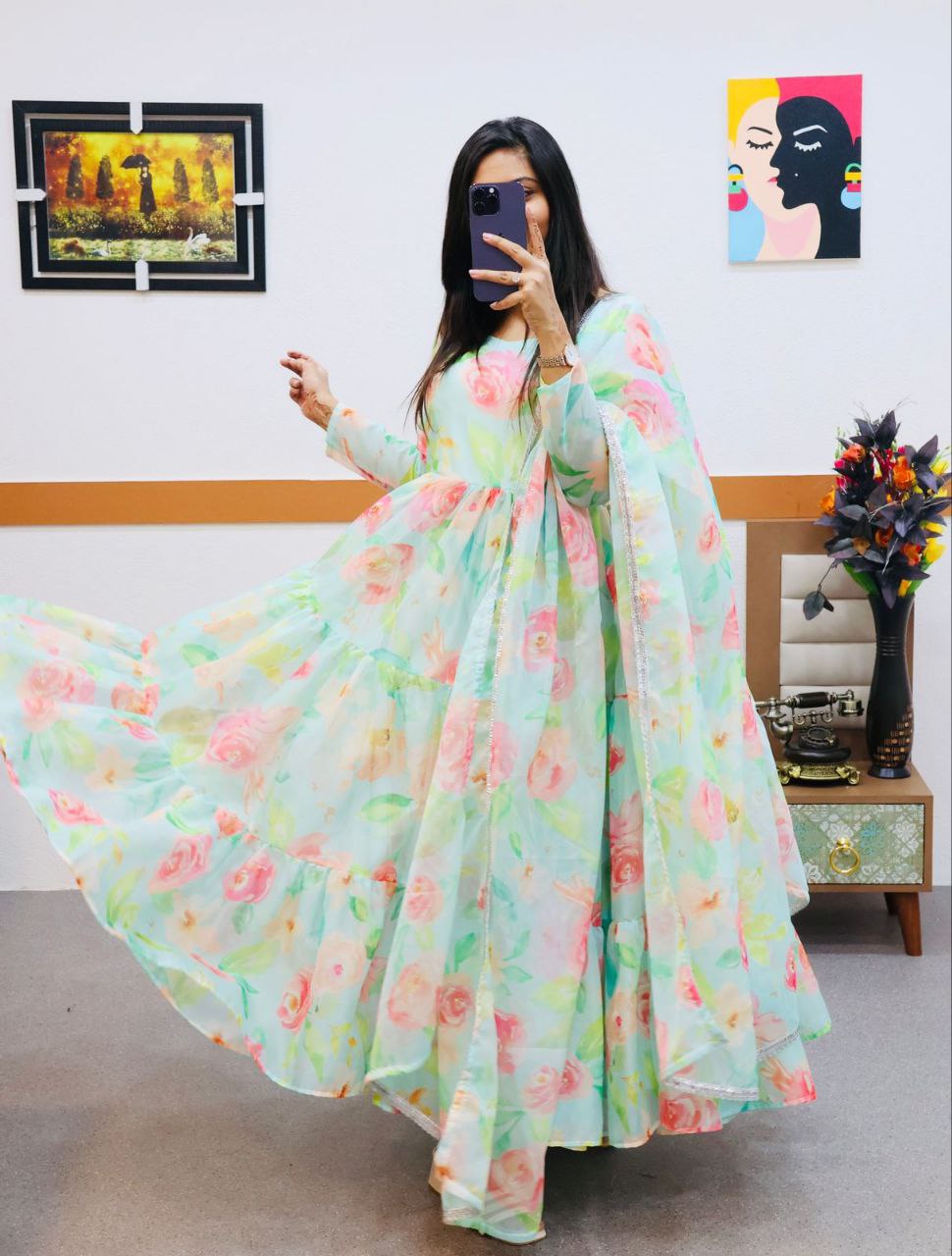 Fully Stitched Sky Organza Printed Gown