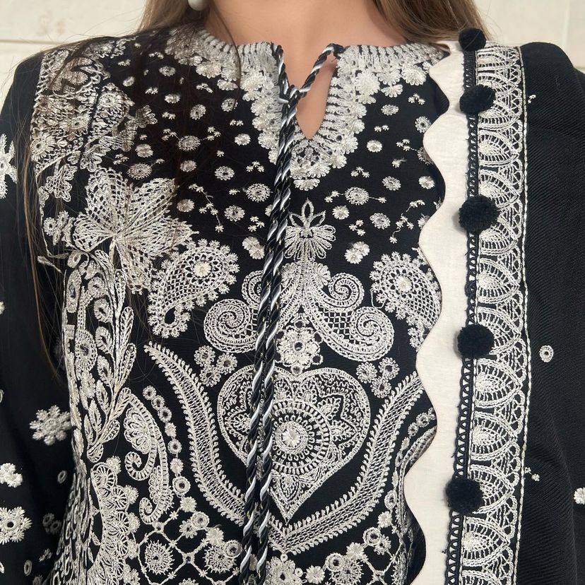 Black color Fox Georgette Embroidered Top, Pant & Dupatta Set