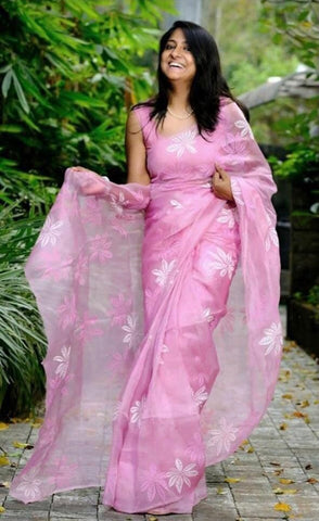 Baby Pink Oraganza saree With Blouse for women