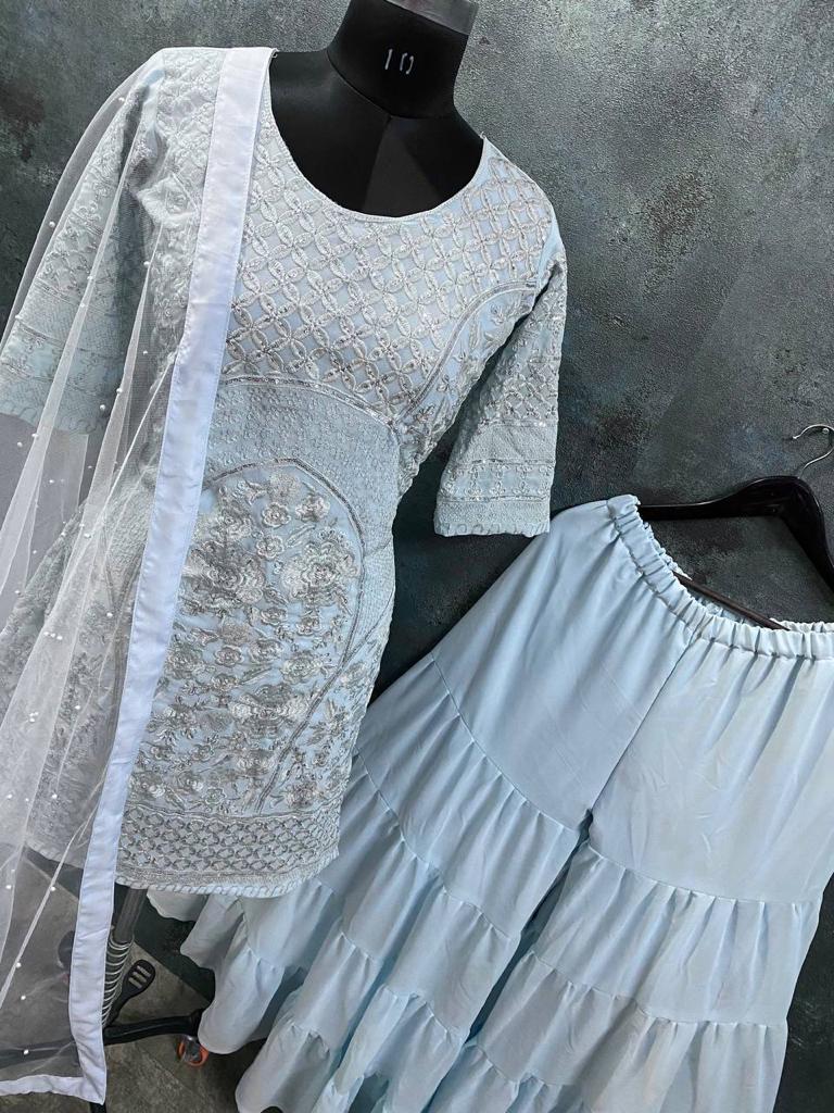 Party Wear Blue Color Designer Embroidered Sharara Plazzo Suit For Women