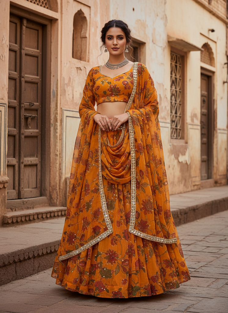 Radiate Sunshine: Embrace the Vibrant Charm of the Orange Floral Lehenga Choli