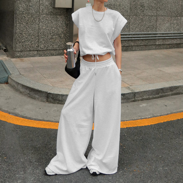 Sleeveless Pullover Top And Floor-length Wide-leg Pants Sweatshirt Set