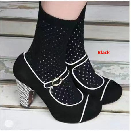 Womens Retro Round-Toe Low-Heel Pumps With Ankle Strap Buckle