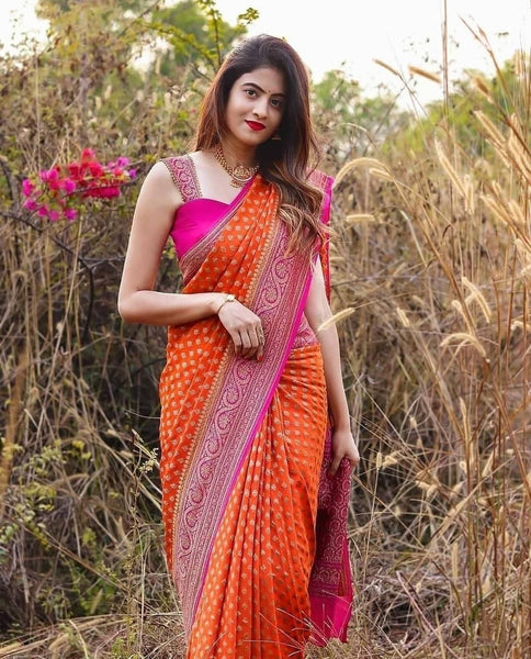 Orange Women's Kanjivaram Soft Silk Saree For Wedding With Un-Stitched Blouse Piece (RMM Paithani)
