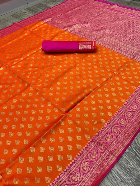 Orange Women's Kanjivaram Soft Silk Saree For Wedding With Un-Stitched Blouse Piece (RMM Paithani)
