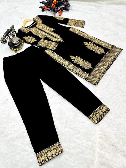 Designer Black Color Salwar Suit Top Pent Set