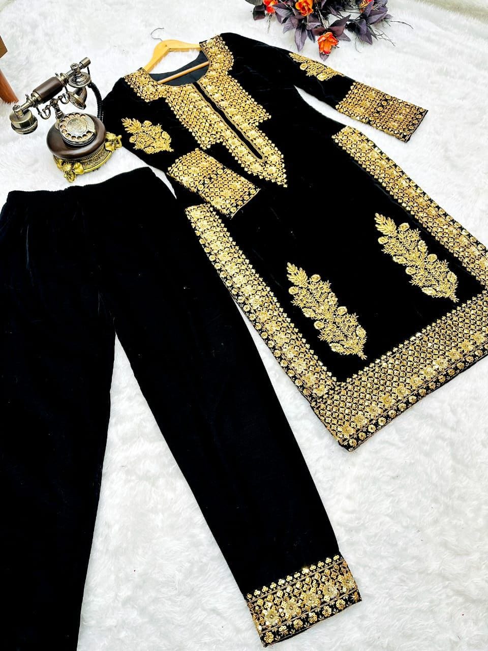 Designer Black Color Salwar Suit Top Pent Set