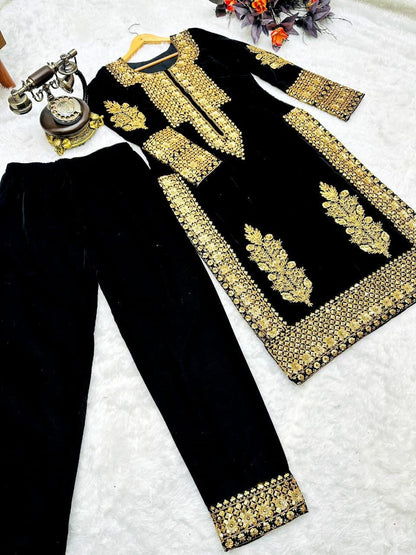 Designer Black Color Salwar Suit Top Pent Set