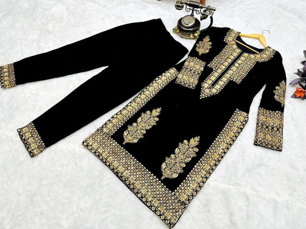 Designer Black Color Salwar Suit Top Pent Set