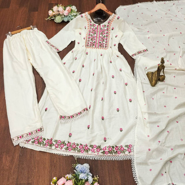 White Cotton Women Kurta Pent Dupatta Set