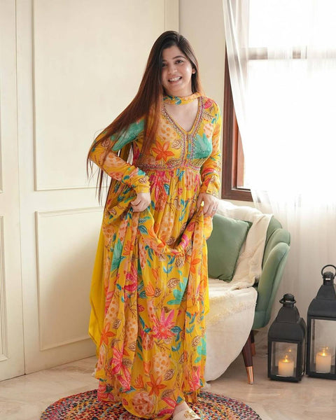 Eligant Printed Gown With Dupatta Set For Women