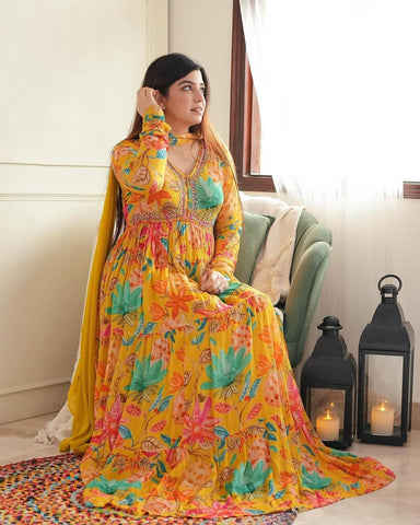 Eligant Printed Gown With Dupatta Set For Women